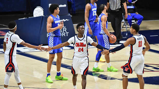Mar 2, 2021; Oxford, Mississippi, USA; Mississippi Rebels guard Jarkel Joiner (24) reacts during the first half against the Kentucky Wildcats at The Pavilion at Ole Miss. Mandatory Credit: Justin Ford-USA TODAY Sports